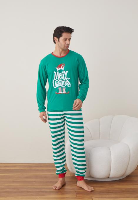 Pijama barbati Craciun "Merry Chistmas" , maneca lunga ,pantaloni lungi,Culoare Verde ,Engros